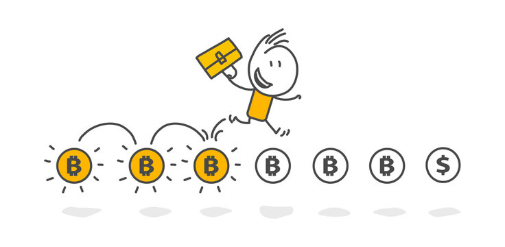 Stick figures. Bitcoins - bitcoin BTC the new virtual money. Online banking, Virtual cryptocurrency concept.