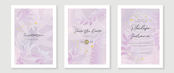 Luxury botanical wedding invitation card template. Purple watercolor card with fern, gold glitters, foliage, eucalyptus. Elegant leaf branch vector design suitable for banner, cover, invitation.