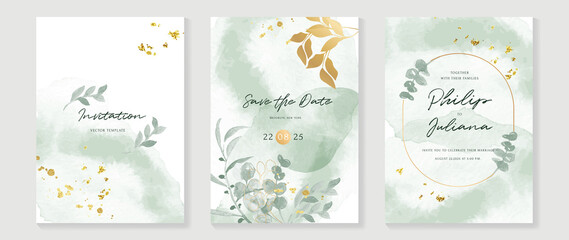 Luxury botanical wedding invitation card template. Green watercolor card with gold glitters, foliage, eucalyptus leaves. Elegant leaf branch vector design suitable for banner, cover, invitation. © TWINS DESIGN STUDIO