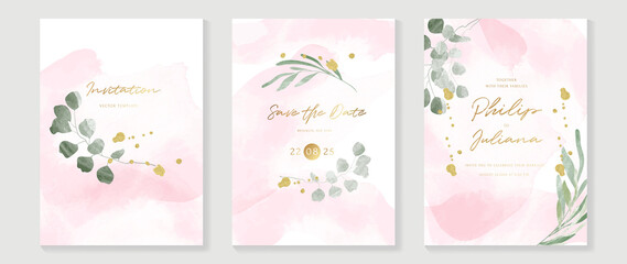 Luxury botanical wedding invitation card template. Pink watercolor card with gold glitters, foliage, green eucalyptus leaves. Elegant leaf branch vector design suitable for banner, cover, invitation.