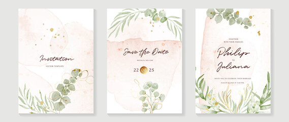 Luxury botanical wedding invitation card template. Pink watercolor card with gold glitters, foliage, green eucalyptus leaves. Elegant leaf branch vector design suitable for banner, cover, invitation.