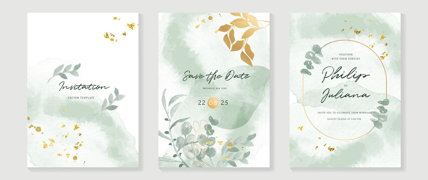 Luxury botanical wedding invitation card template. Green watercolor card with gold glitters, foliage, eucalyptus leaves. Elegant leaf branch vector design suitable for banner, cover, invitation.