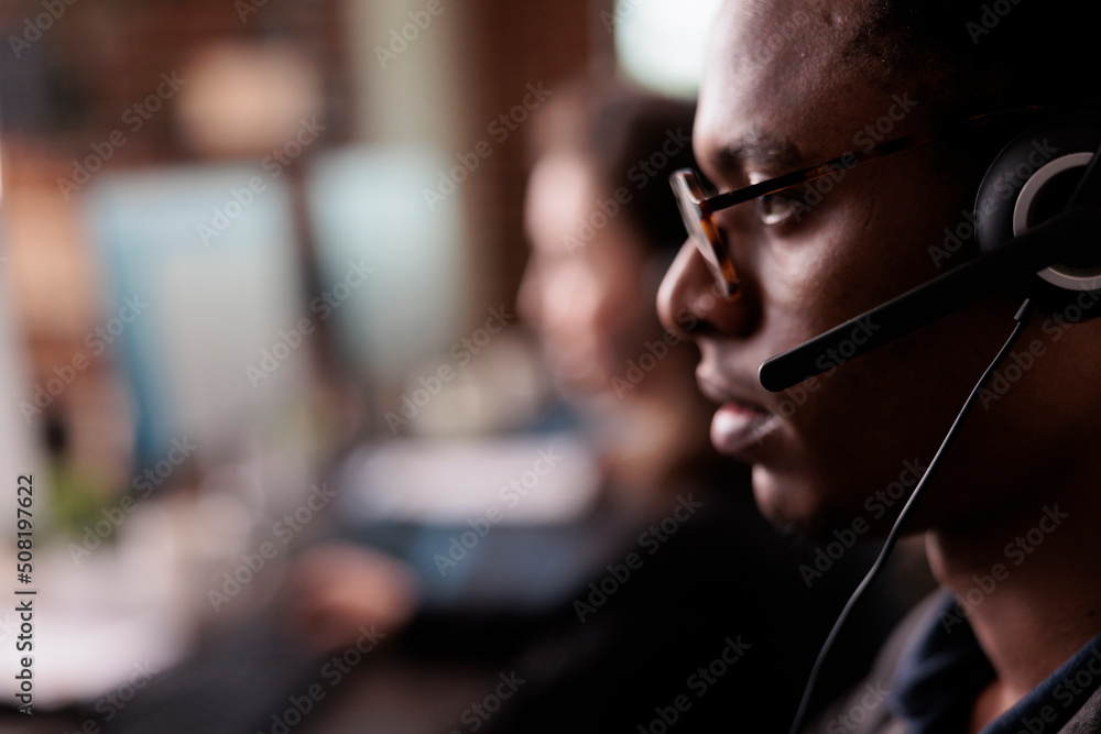Poster helpdesk secretary listening to client on helpline call, using customer service network on headset. 