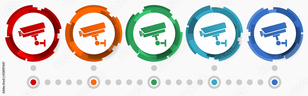 Poster Cctv, security concept vector icon set, modern design abstract web buttons in 5 color options, infographic template for webdesign and mobile apps