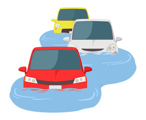 冠水した道路で立ち往生する車列
