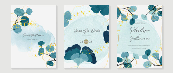 Luxury botanical wedding invitation card template. Blue watercolor card with gold line art, ginkgo, eucalyptus leaves. Elegant leaf branch vector design suitable for banner, cover, invitation.