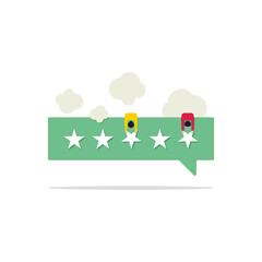 Two character people give five-star feedback. Vector customer review concept