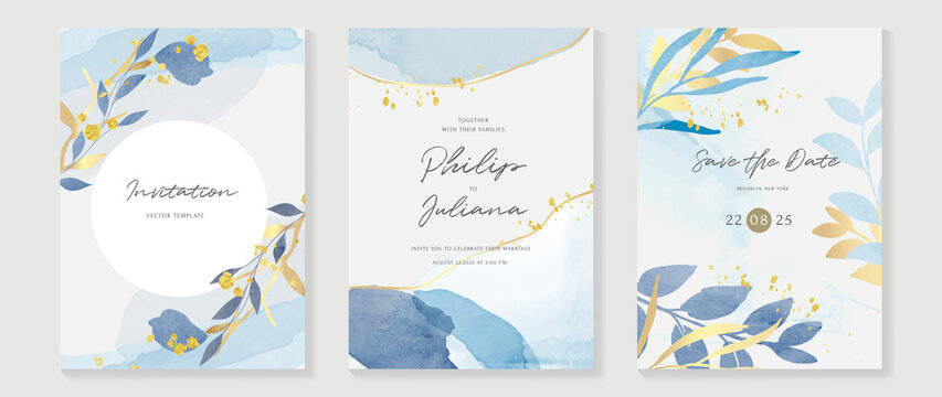 Luxury botanical wedding invitation card template. Blue watercolor card with gold line art, eucalyptus, leaves branches, foliage. Elegant blossom vector design suitable for banner, cover, invitation.