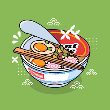 cute Japanese instant cup noodles with eggs in a big white bowl
