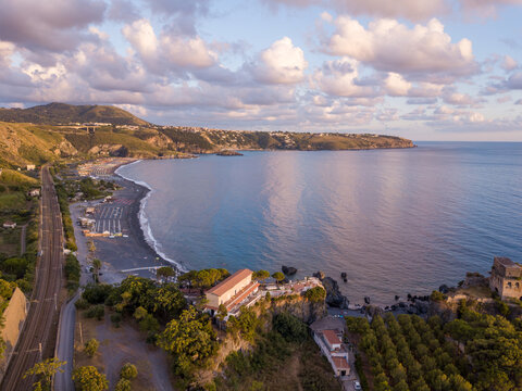 aerial view of San Nicola Arcella at sunset, Cosenza, Calabria, Italy