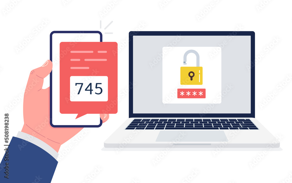 Poster two steps authentication. verification code message on smartphone. two steps verification via laptop
