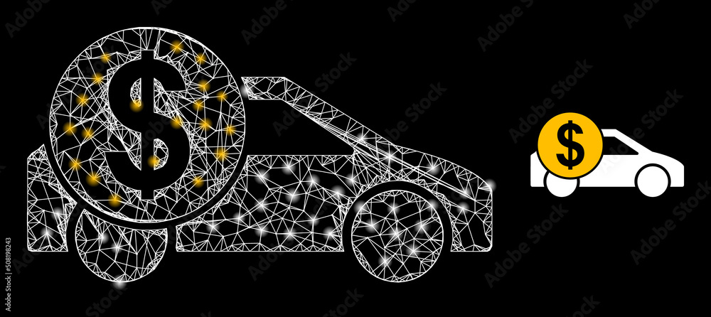 Poster net mesh car cost model icon with lightspots. illuminated vector constellation is created from car c