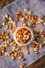 Cashew, almond, peanut, walnut nuts in a bowl. Top view.