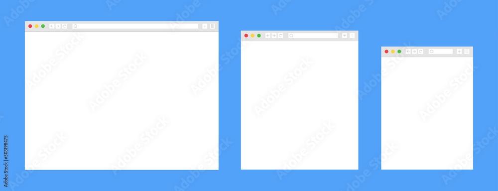 Poster web browsers layout on blue background. template browser window on computer, tablet and smartphone. 