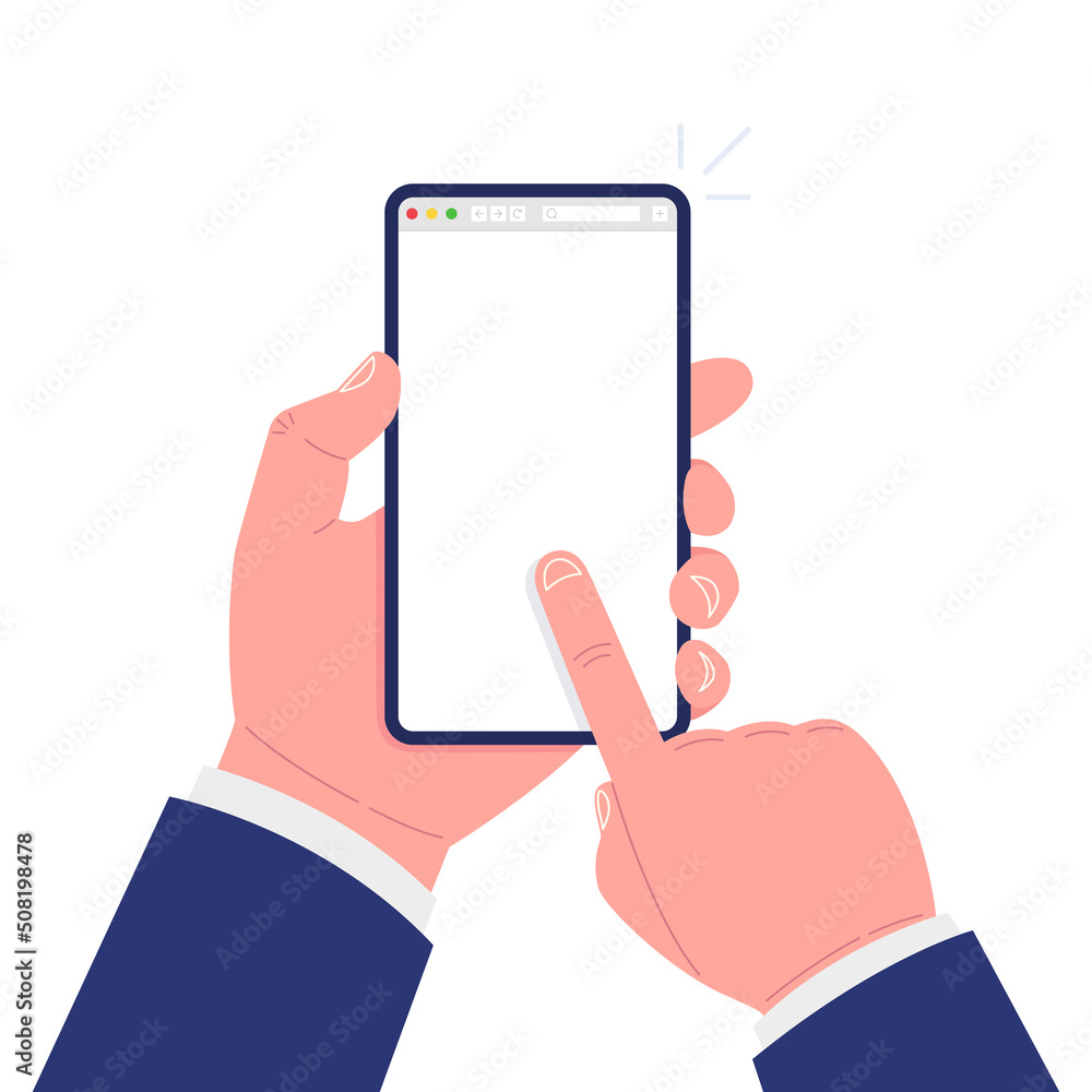 Poster hand holds smartphone with web browser layout on a screen. vector illustration..