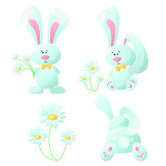 Fototapeta premium Vector set of cute rabbit and chamomile