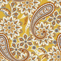 Floral fabric background with paisley ornament. Seamless vector pattern