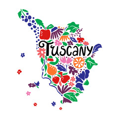Handdrawn map of ItalianTuscany region with colourful flowers and fruits. Visit Italy concept. Poster design or postcard illustration. Business travel card.