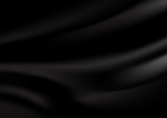 Black satin silky cloth fabric textile with crease wavy folds background. .