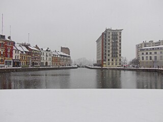 Lille, France - January 2020: The quai du Wault under the snow in Lille