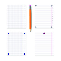 Vector Blank Note Paper Note Book Pages Pinned by Realistic Pin Buttons, Set with Pencil Isolated on White Background.