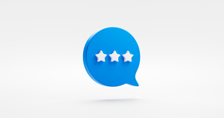 Three star rating 3d icon isolated on white background with blue bubble message symbol or best feedback rate review customer experience sign and good premium quality of success positive satisfaction.