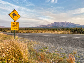 Tongariro national park volcano view from the road with a big yellow road sign in the foreground...