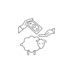 Sheep, hand and money concept line icon. Simple element illustration. Sheep, hand and money concept outline symbol design from Eid Al Adha set. Can be used for web and mobile