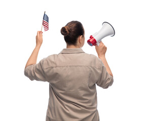 independence day, patriotic and human rights concept - woman with megaphone and flag of united states of america protesting on demonstration over white background