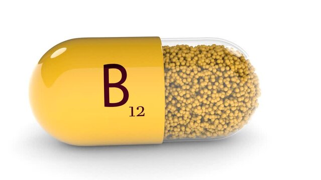 Vitamin B12 capsule on white background. Pill. Dietary supplements. 3d rendering
