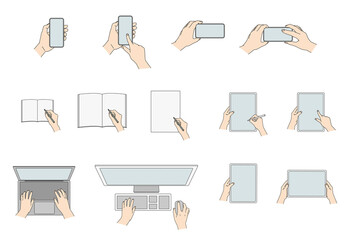 スマホ タブレット パソコンなどを操作する手 セット　イラスト