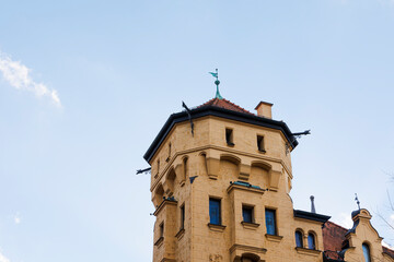 Historical buildings in Hessing Park in Augsburg under blue sky