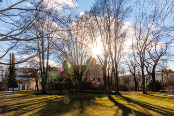 Historical buildings in Hessing Park in Augsburg under blue sky
