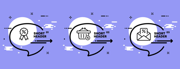 Cheap purchases set icon. Sale, tag, cart, percentage, envelope, discount. Shopping concept. Infographic timeline with icons and 3 steps. Vector line icon for Business and Advertising