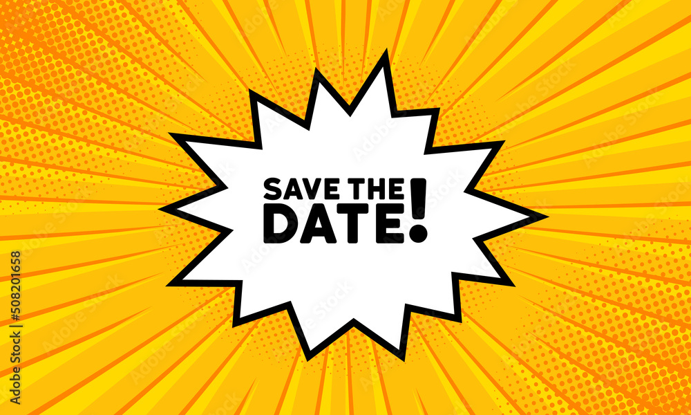 Aufkleber speech bubble with save the date text. boom retro comic style. pop art style. vector line icon for b