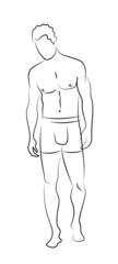 Standing sexy muscled athletic man wearing underwear. Inked strokes sketch hand drawn style black lines basic vector illustration isolated on white background.