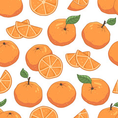 Seamless pattern with whole oranges and slices on a white background. Fruit illustration background.
