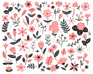 A large set of different flowers and plants in a simple linear doodle style in a limited color scheme. Isolated floral illustration.