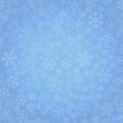 Fototapeta na wymiar Seamless winter background consisting of snowflakes of different shapes. White snowflakes and blue background. Christmas and new year symbol and mood.