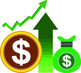 Dollar coin, increase arrow, and dollar bag illustration of the icon. on white background
