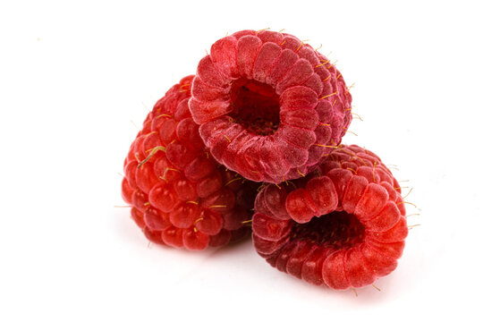 Fresh Red Raspberries isolated on an extendable white background. Macro detailing, Studio lighting, ample space for copy. 
