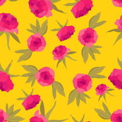 Trendy pink peonies are a seamless floral pattern. Mustard-yellow background. Hand-drawn modern illustration of large flowers with white leaves on solid color. Fabric, web, app, stationery.