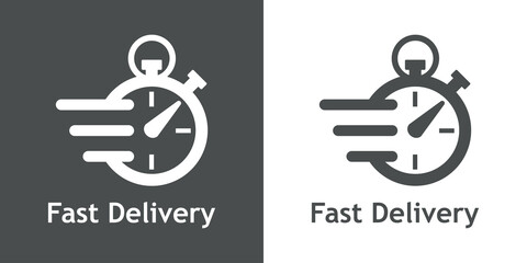 Logo de entrega urgente. Icono de cronómetro con líneas de velocidad y texto Fast Delivery para servicio, pedido, envío rápido y gratuito - obrazy, fototapety, plakaty