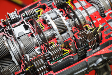 .Automatic car transmission cutaway presented on a exibition stand.