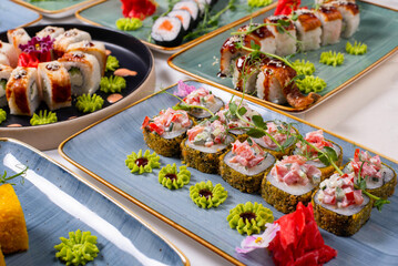 Japanese food. Sushi rolls, lots of rolls