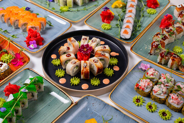 Japanese food. Sushi rolls, lots of rolls