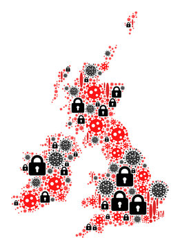 Vector Covid Infection Mosaic Map Of Great Britain And Ireland. Mosaic Geographic Map Of Great Britain And Ireland Created With Covid Infection, Lock, Danger Elements.