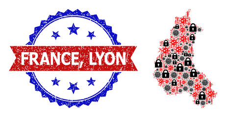 Vector SARS virus collage map of Champagne Province, and bicolor unclean France, Lyon seal stamp. Mosaic geographic map of Champagne Province created with virus outbreak, lockdown, danger icons.