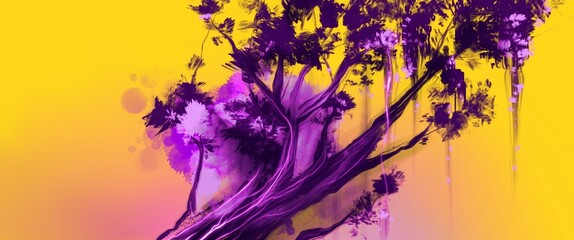 Magic violet tree abstract yellow background illustration 
