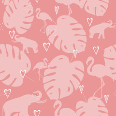 Fototapeta na wymiar Girly seamless pattern with tropical motif. Elephants and flamingos, monstera and hearts. Textiles, prints, packaging design and wallpaper.